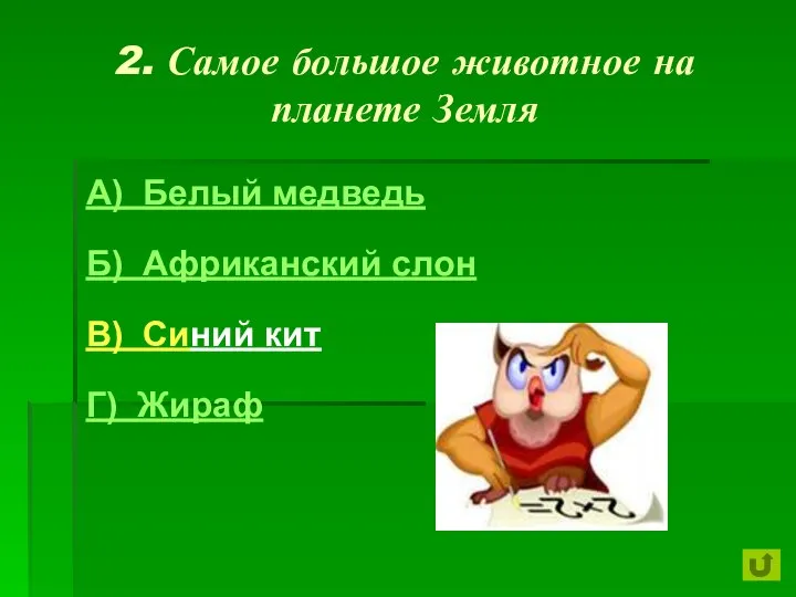 2. Самое большое животное на планете Земля А) Белый медведь Б)