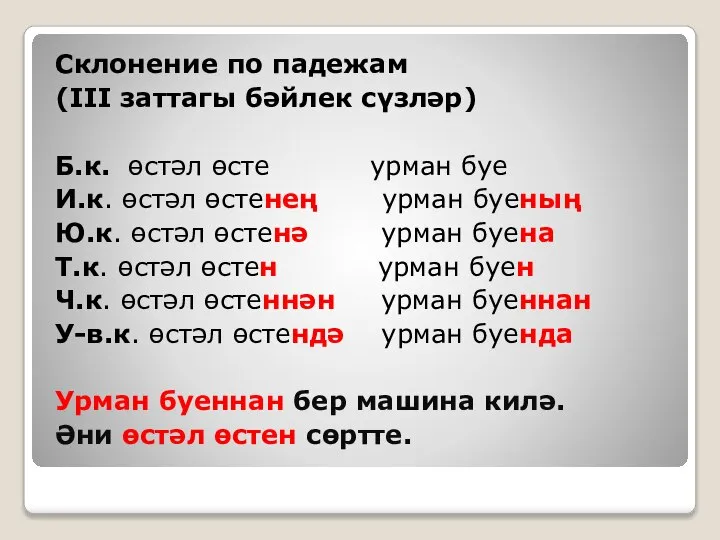 Склонение по падежам (III заттагы бәйлек сүзләр) Б.к. өстәл өсте урман