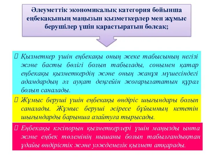 Әлеуметтік экономикалық категория бойынша еңбекақының маңызын қызметкерлер мен жұмыс берушілер үшін