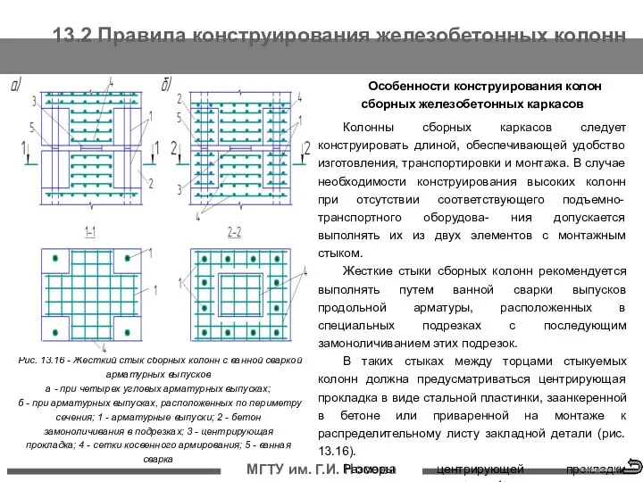 13.2 Правила конструирования железобетонных колонн МГТУ им. Г.И. Носова Особенности конструирования