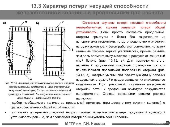 13.3 Характер потери несущей способности железобетонной колонны и предпосылки для расчета