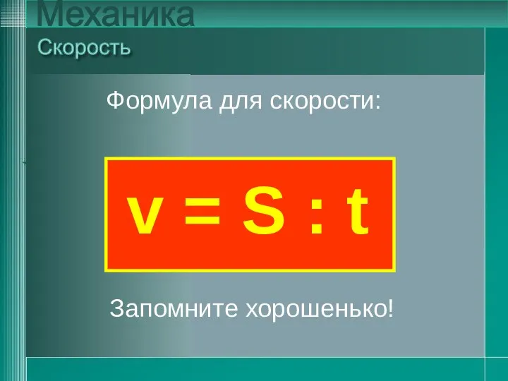 v = S : t Скорость Механика v = S :