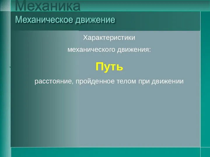 Характеристики механического движения: Путь расстояние, пройденное телом при движении Механика Характеристики