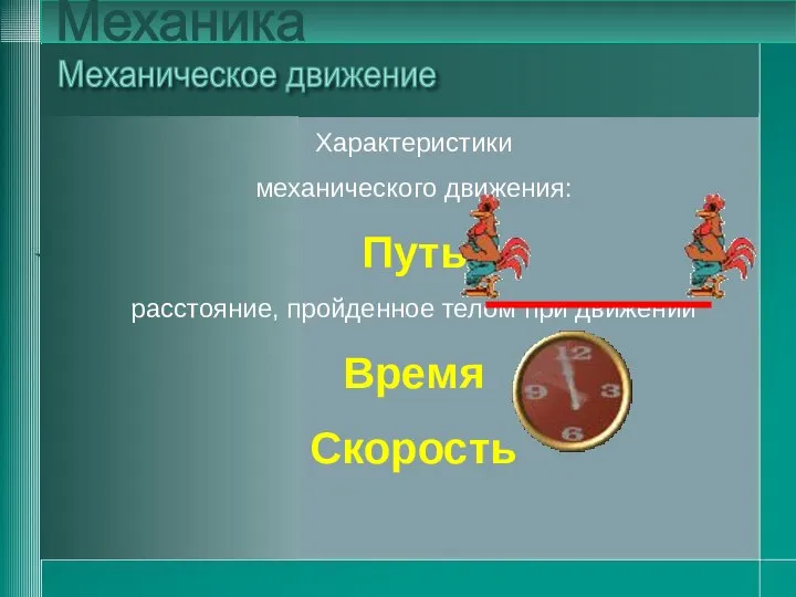 Характеристики механического движения: Путь расстояние, пройденное телом при движении Время Скорость