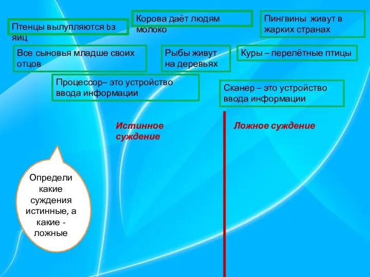 Корова даёт людям молоко Птенцы вылупляются bз яиц Рыбы живут на