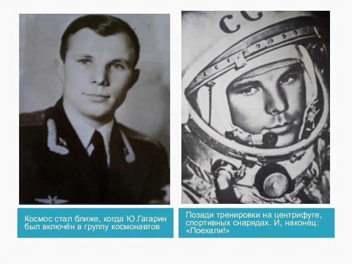 Космос стал ближе, когда Ю.Гагарин был включён в группу космонавтов Позади