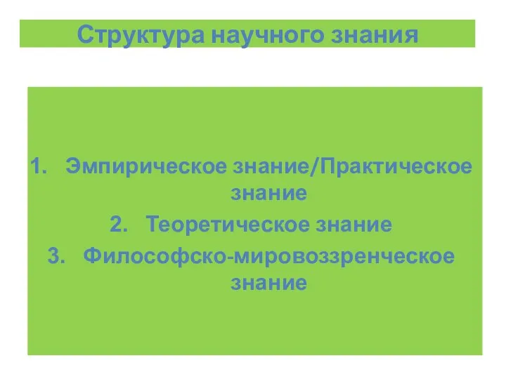 Структура научного знания Эмпирическое знание/Практическое знание Теоретическое знание Философско-мировоззренческое знание