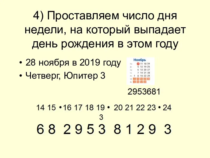 4) Проставляем число дня недели, на который выпадает день рождения в