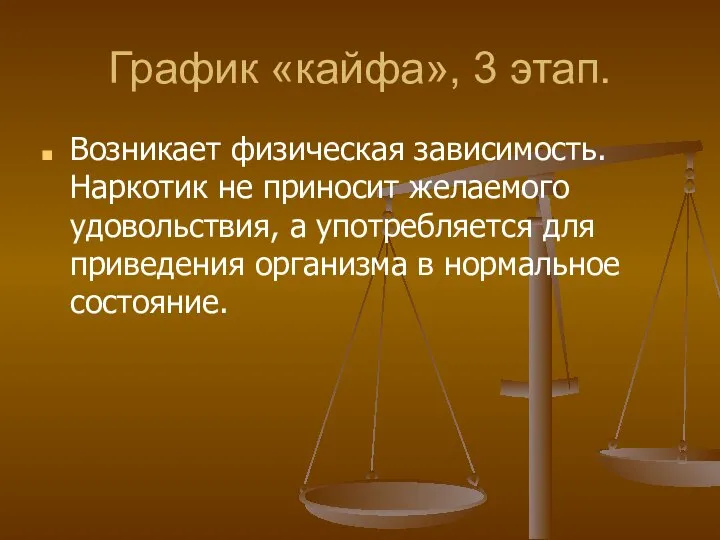 График «кайфа», 3 этап. Возникает физическая зависимость. Наркотик не приносит желаемого