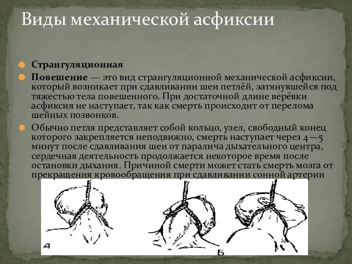 Виды механической асфиксии Странгуляционная Повешение — это вид странгуляционной механической асфиксии,