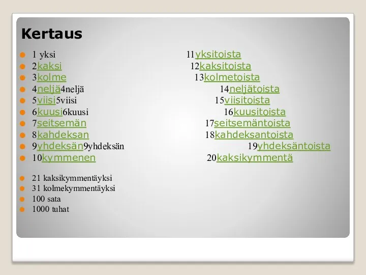 Kertaus 1 yksi 11yksitoista 2kaksi 12kaksitoista 3kolme 13kolmetoista 4neljä4neljä 14neljätoista 5viisi5viisi