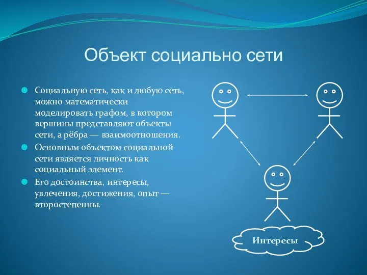 Объект социально сети Социальную сеть, как и любую сеть, можно математически