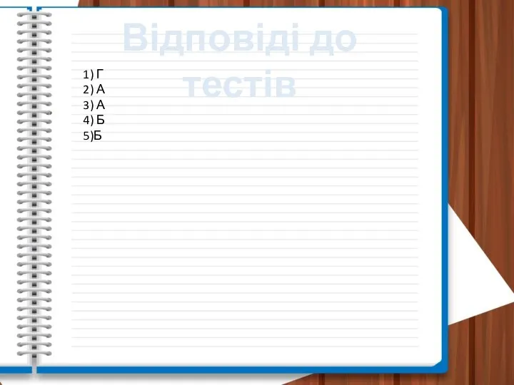 Відповіді до тестів 1) Г 2) А 3) А 4) Б 5)Б