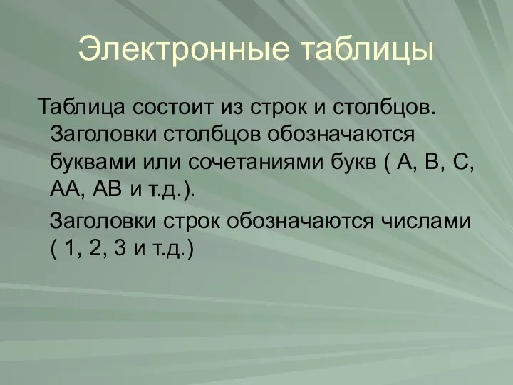 Электронные таблицы Таблица состоит из строк и столбцов. Заголовки столбцов обозначаются