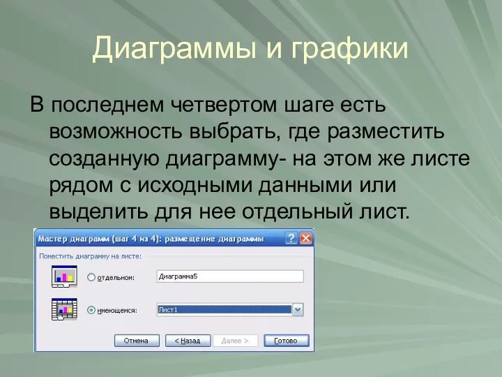 Диаграммы и графики В последнем четвертом шаге есть возможность выбрать, где