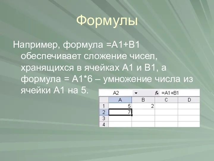 Формулы Например, формула =А1+В1 обеспечивает сложение чисел, хранящихся в ячейках А1