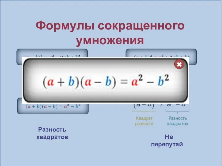 Формулы сокращенного умножения Разность квадратов Квадрат разности Квадрат суммы Не перепутай