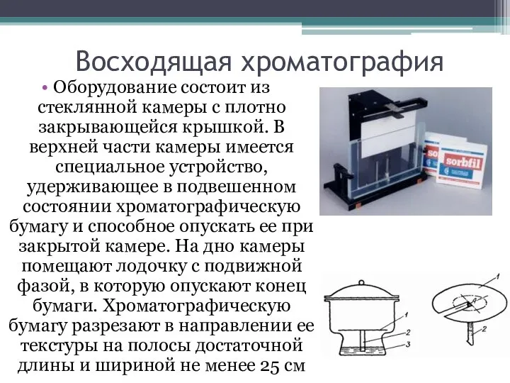 Восходящая хроматография Оборудование состоит из стеклянной камеры с плотно закрывающейся крышкой.