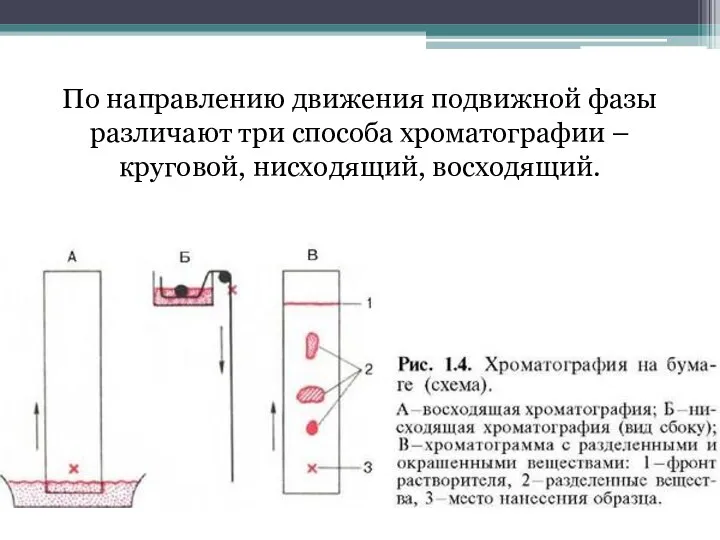 По направлению движения подвижной фазы различают три способа хроматографии – круговой, нисходящий, восходящий.