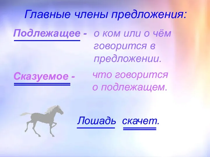 Главные члены предложения: Подлежащее - о ком или о чём говорится