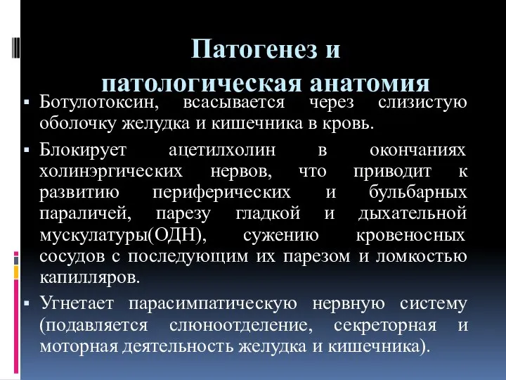 Патогенез и патологическая анатомия Ботулотоксин, всасывается через слизистую оболочку желудка и