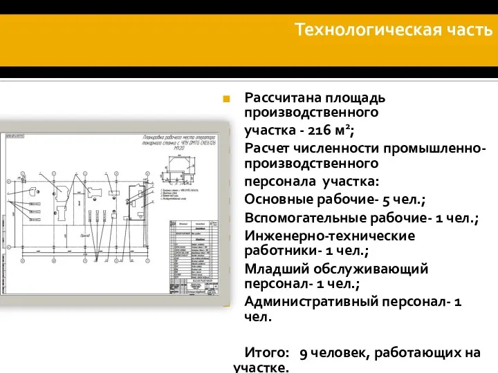 Рассчитана площадь производственного участка - 216 м2; Расчет численности промышленно-производственного персонала