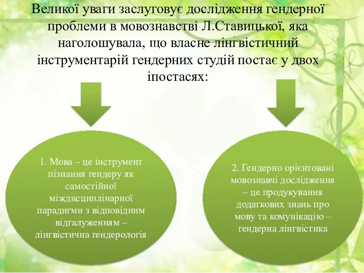 Великої уваги заслуговує дослідження гендерної проблеми в мовознавстві Л.Ставицької, яка наголошувала,