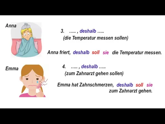 3. ….. , deshalb ….. (die Temperatur messen sollen) Anna friert,