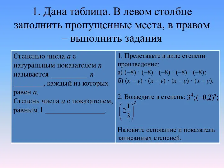 1. Дана таблица. В левом столбце заполнить пропущенные места, в правом – выполнить задания