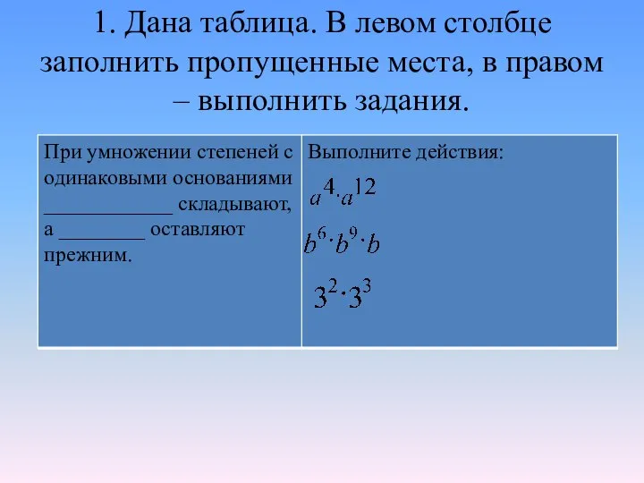 1. Дана таблица. В левом столбце заполнить пропущенные места, в правом – выполнить задания.