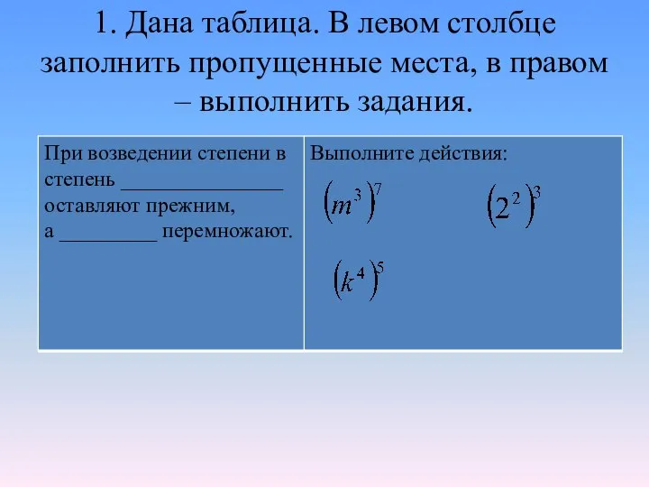 1. Дана таблица. В левом столбце заполнить пропущенные места, в правом – выполнить задания.