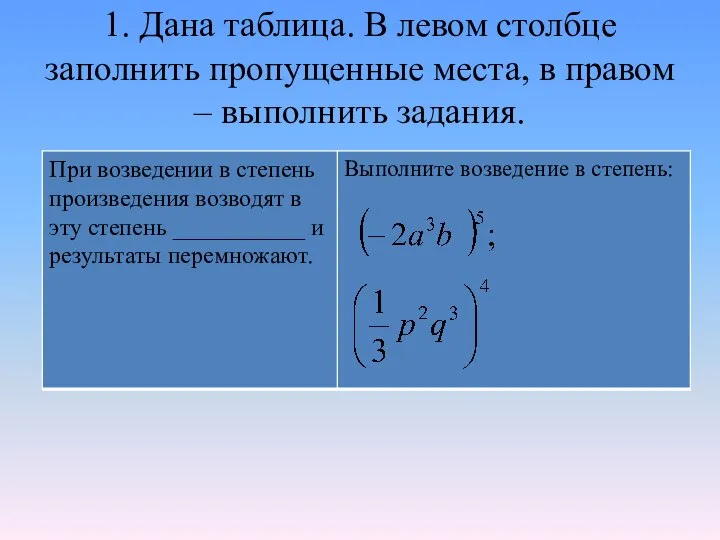 1. Дана таблица. В левом столбце заполнить пропущенные места, в правом – выполнить задания.