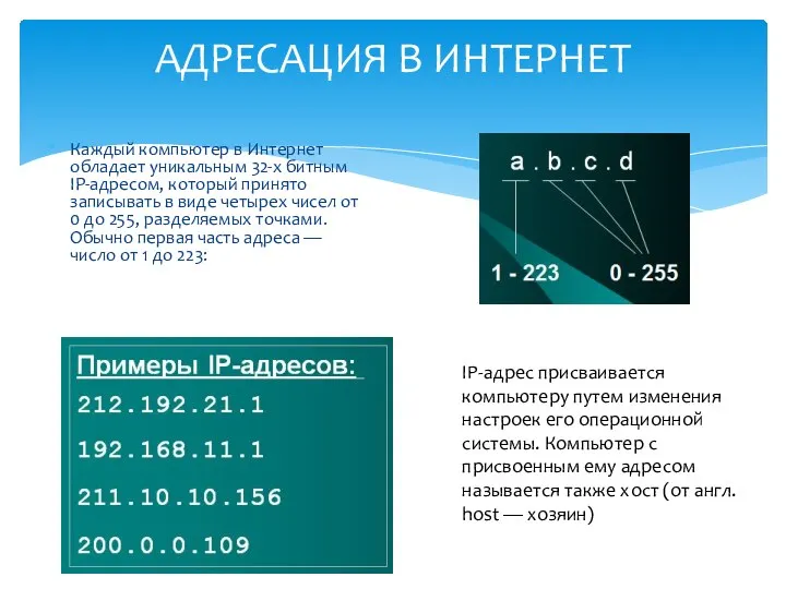 Каждый компьютер в Интернет обладает уникальным 32-х битным IP-адресом, который принято