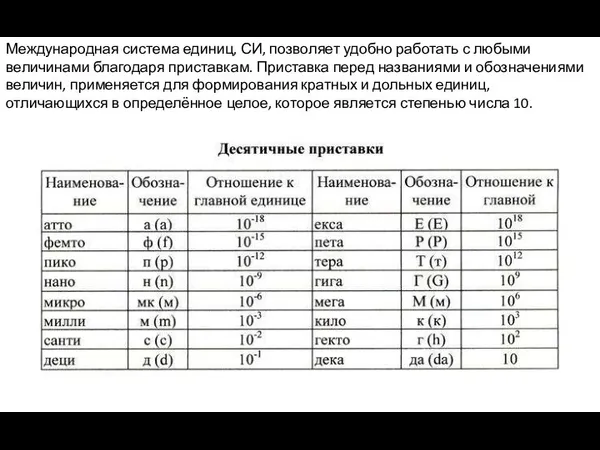 Международная система единиц, СИ, позволяет удобно работать с любыми величинами благодаря