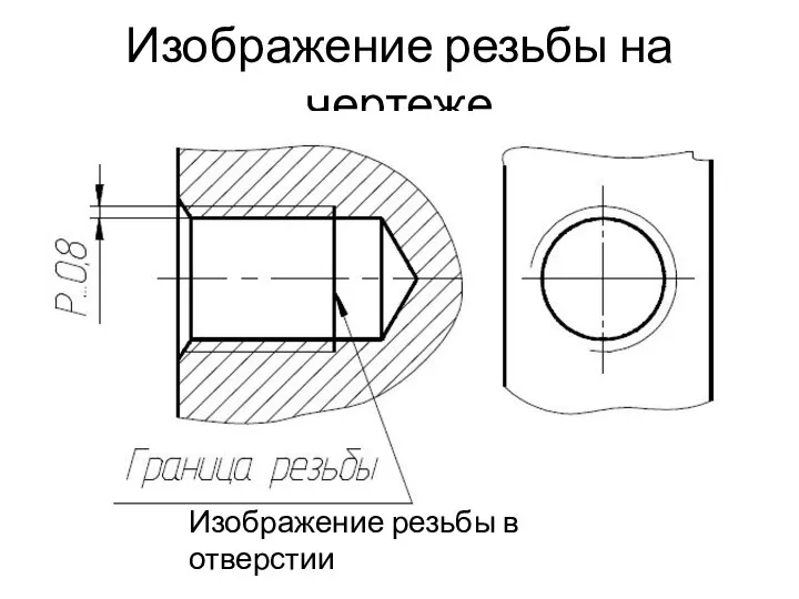 Изображение резьбы на чертеже Изображение резьбы в отверстии