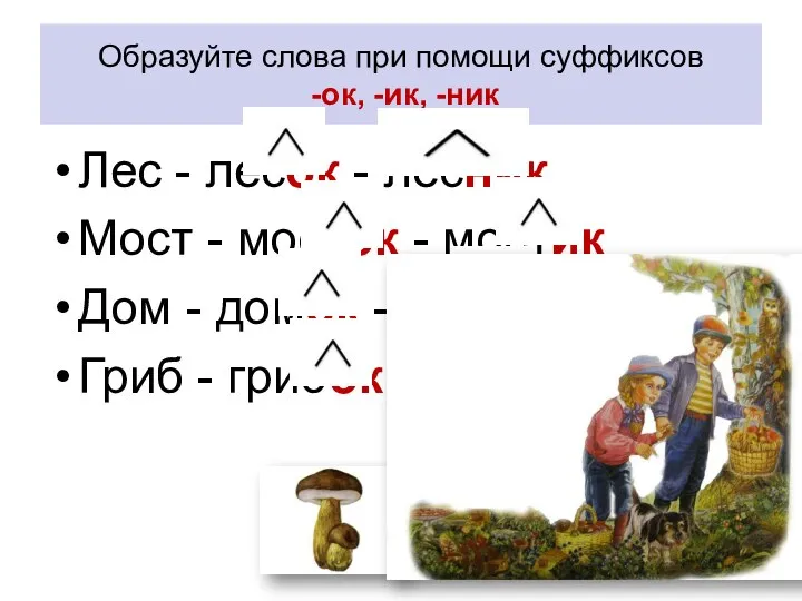 Образуйте слова при помощи суффиксов -ок, -ик, -ник Лес - лесок