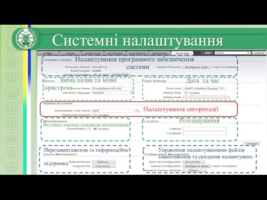 Налаштування авторизації Налаштування програмного забезпечення системи Зміна назви та мови пристрою