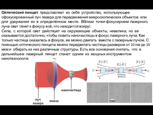 Оптический пинцет представляет из себя устройство, использующее сфокусированный луч лазера для