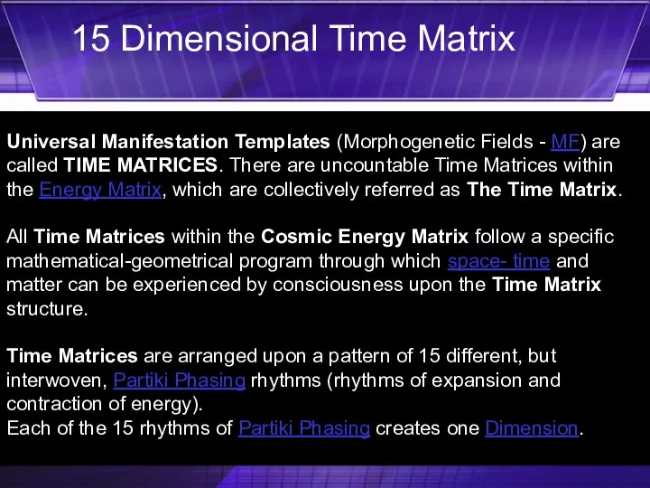 Universal Manifestation Templates (Morphogenetic Fields - MF) are called TIME MATRICES.