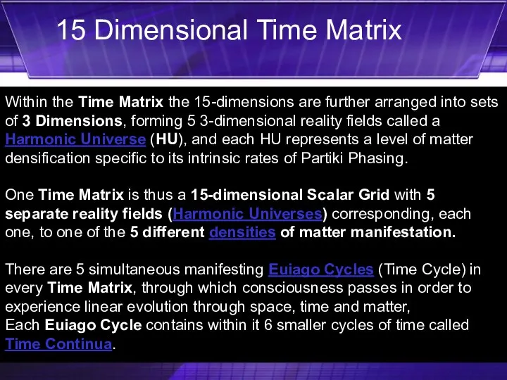 Within the Time Matrix the 15-dimensions are further arranged into sets