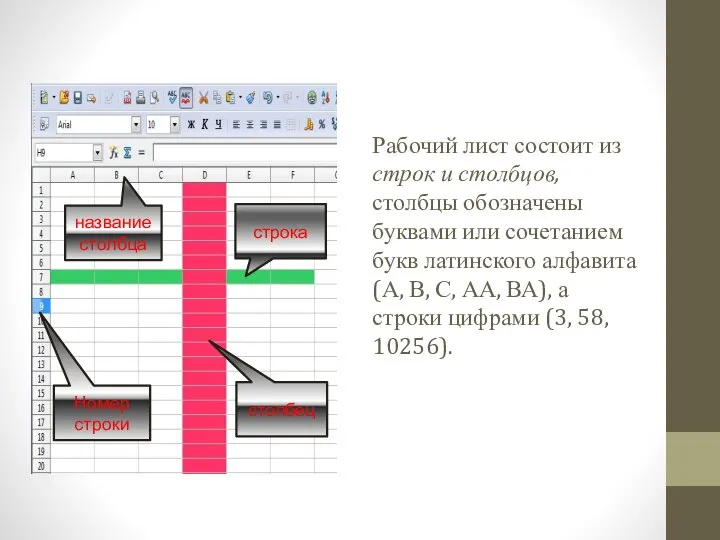 Рабочий лист состоит из строк и столбцов, столбцы обозначены буквами или