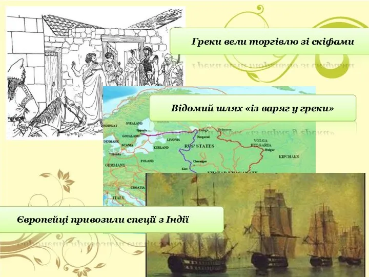 Греки вели торгівлю зі скіфами Відомий шлях «із варяг у греки» Європейці привозили спеції з Індії