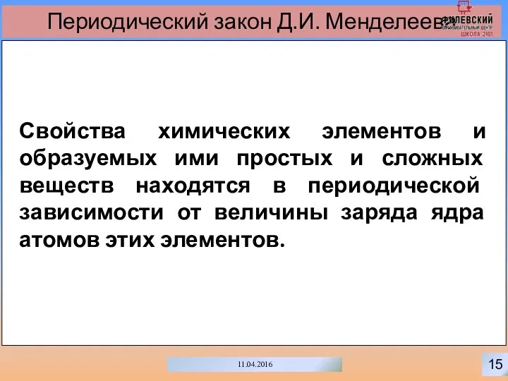 15 11.04.2016 Периодический закон Д.И. Менделеева Свойства химических элементов и образуемых