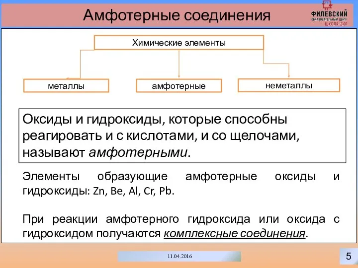 5 11.04.2016 Амфотерные соединения Химические элементы неметаллы металлы амфотерные Оксиды и