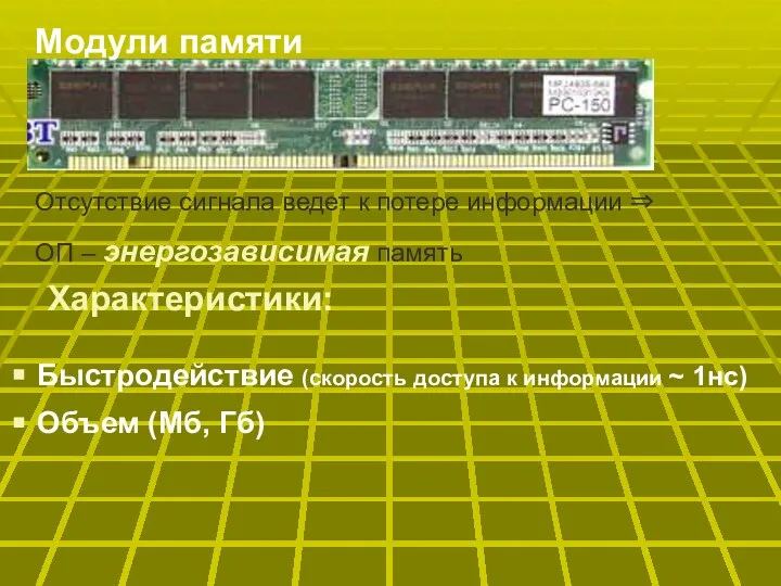 Модули памяти Быстродействие (скорость доступа к информации ~ 1нс) Объем (Мб,