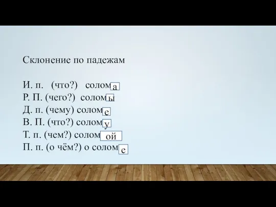 Склонение по падежам И. п. (что?) солом Р. П. (чего?) солом