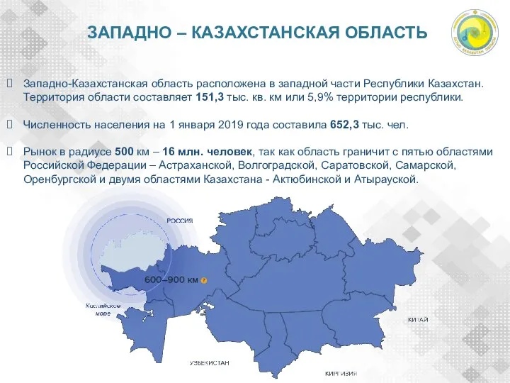 ЗАПАДНО – КАЗАХСТАНСКАЯ ОБЛАСТЬ Западно-Казахстанская область расположена в западной части Республики