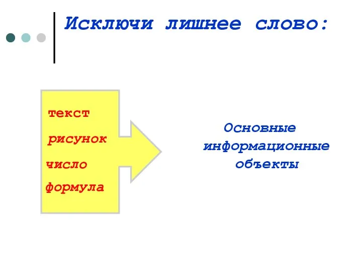 Исключи лишнее слово: Основные информационные объекты текст рисунок число формула