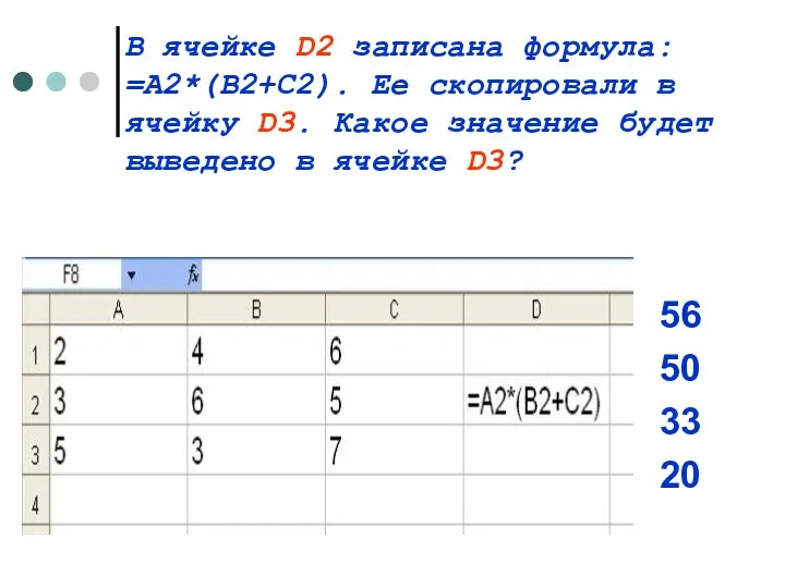 В ячейке D2 записана формула: =A2*(B2+C2). Ее скопировали в ячейку D3.