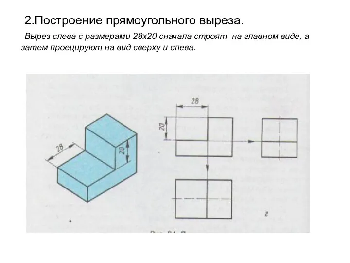 2.Построение прямоугольного выреза. Вырез слева с размерами 28х20 сначала строят на